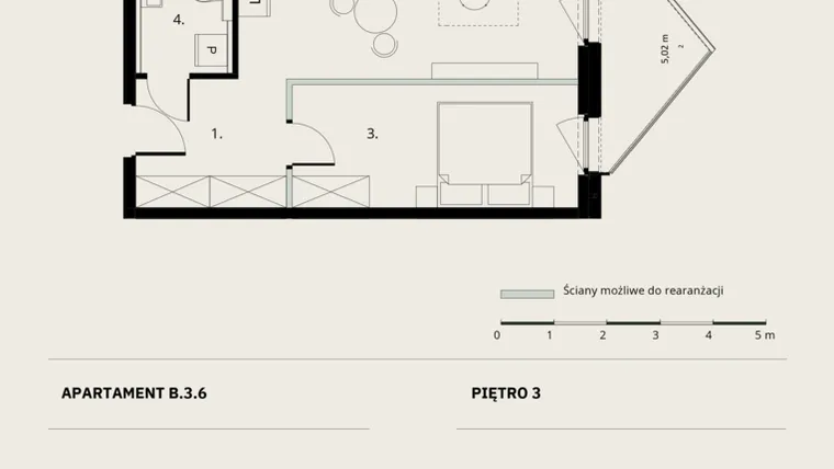 Rzut - Mieszkanie na sprzedaż 2 pokoje o powierzchni 45,26 m² - numer B/3/6 w Ogrodowa 12