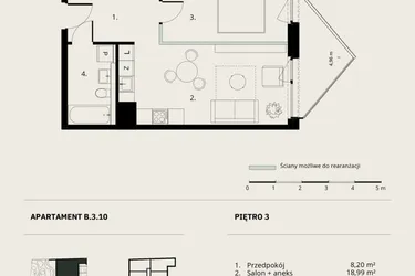 Rzut - Mieszkanie na sprzedaż 2 pokoje o powierzchni 43,84 m² - numer B/3/10 w Ogrodowa 12