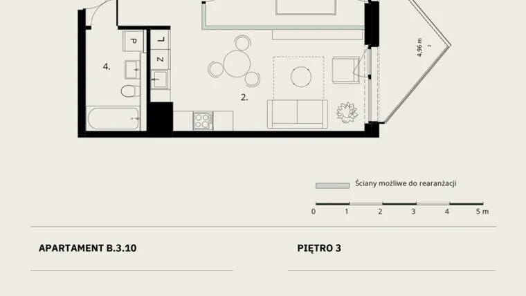 Rzut - Mieszkanie na sprzedaż 2 pokoje o powierzchni 43,84 m² - numer B/3/10 w Ogrodowa 12