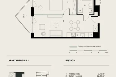 Rzut - Mieszkanie na sprzedaż 2 pokoje o powierzchni 46,09 m² - numer B/4/1 w Ogrodowa 12