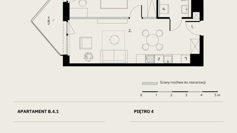 Rzut - Mieszkanie na sprzedaż 2 pokoje o powierzchni 46,09 m² - numer B/4/1 w Ogrodowa 12