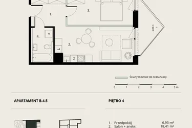 Rzut - Mieszkanie na sprzedaż 2 pokoje o powierzchni 43,09 m² - numer B/4/5 w Ogrodowa 12