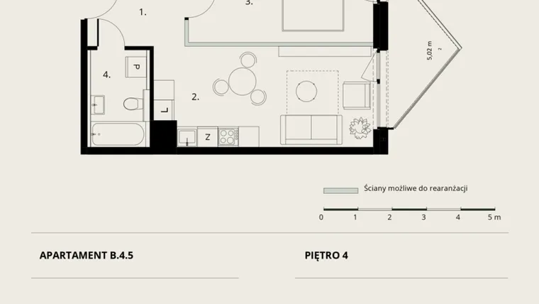 Rzut - Mieszkanie na sprzedaż 2 pokoje o powierzchni 43,09 m² - numer B/4/5 w Ogrodowa 12