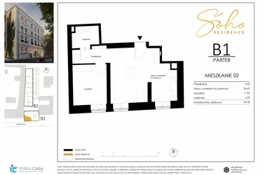 Rzut - Mieszkanie na sprzedaż 2 pokoje o powierzchni 45,62 m² - numer B1.02 w SoHo Residence II