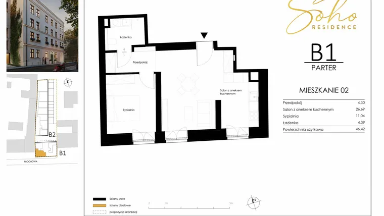Rzut - Mieszkanie na sprzedaż 2 pokoje o powierzchni 45,62 m² - numer B1.02 w SoHo Residence II