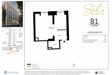 Rzut - Mieszkanie na sprzedaż 1 pokój o powierzchni 36,12 m² - numer B1.03 w SoHo Residence II
