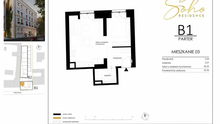 Rzut - Mieszkanie na sprzedaż 1 pokój o powierzchni 36,12 m² - numer B1.03 w SoHo Residence II
