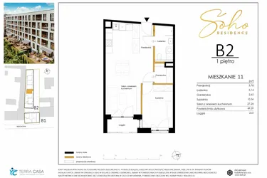 Rzut - Mieszkanie na sprzedaż 2 pokoje o powierzchni 49,17 m² - numer B2.11 w SoHo Residence II