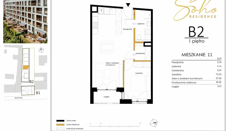 Rzut - Mieszkanie na sprzedaż 2 pokoje o powierzchni 49,17 m² - numer B2.11 w SoHo Residence II
