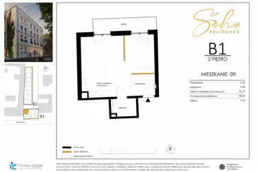 Rzut - Mieszkanie na sprzedaż 1 pokój o powierzchni 40,86 m² - numer B1.09 w SoHo Residence II