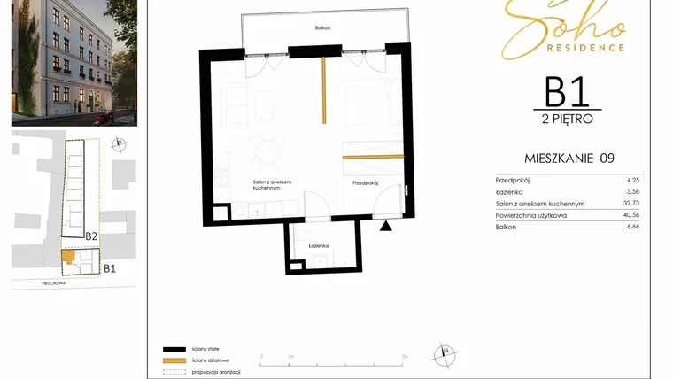 Rzut - Mieszkanie na sprzedaż 1 pokój o powierzchni 40,86 m² - numer B1.09 w SoHo Residence II