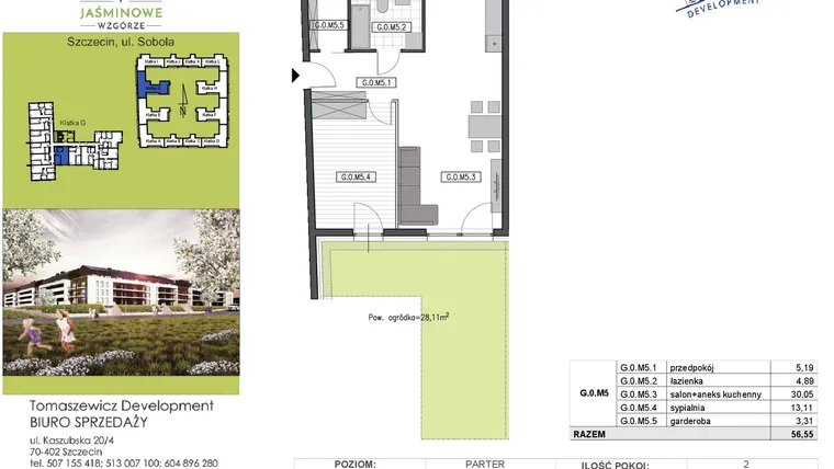Rzut - Mieszkanie na sprzedaż 2 pokoje o powierzchni 56,55 m² - numer G0M5 w Jaśminowe Wzgórze - etap II