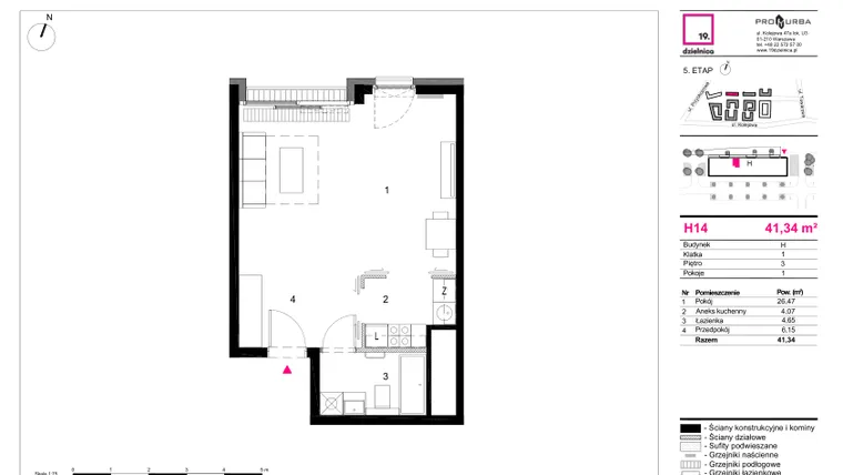 Rzut - Mieszkanie na sprzedaż 1 pokój o powierzchni 41,34 m² - numer H14 w 19. Dzielnica Etap V