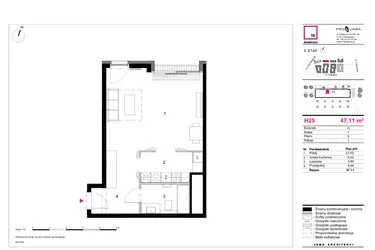 Rzut - Mieszkanie na sprzedaż 1 pokój o powierzchni 47,11 m² - numer H25 w 19. Dzielnica Etap V