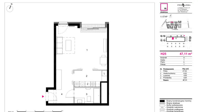 Rzut - Mieszkanie na sprzedaż 1 pokój o powierzchni 47,11 m² - numer H25 w 19. Dzielnica Etap V