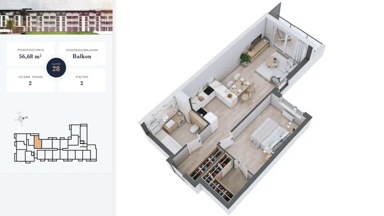Rzut - Mieszkanie na sprzedaż 2 pokoje o powierzchni 56,68 m² - numer 28 w Apartamenty Home Premium etap 2