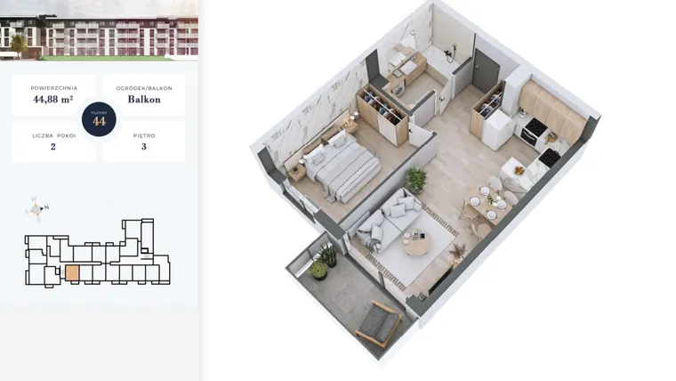 Rzut - Mieszkanie na sprzedaż 2 pokoje o powierzchni 44,88 m² - numer 44 w Apartamenty Home Premium etap 2