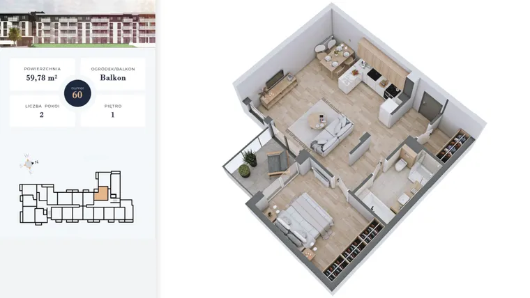 Rzut - Mieszkanie na sprzedaż 2 pokoje o powierzchni 59,78 m² - numer 60 w Apartamenty Home Premium etap 2