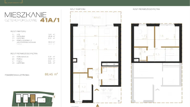 Rzut - Mieszkanie na sprzedaż 4 pokoje o powierzchni 88,35 m² - numer 41A-1 w Emaus 41