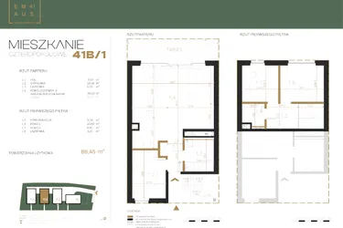 Rzut - Mieszkanie na sprzedaż 4 pokoje o powierzchni 88,43 m² - numer 41B-1 w Emaus 41