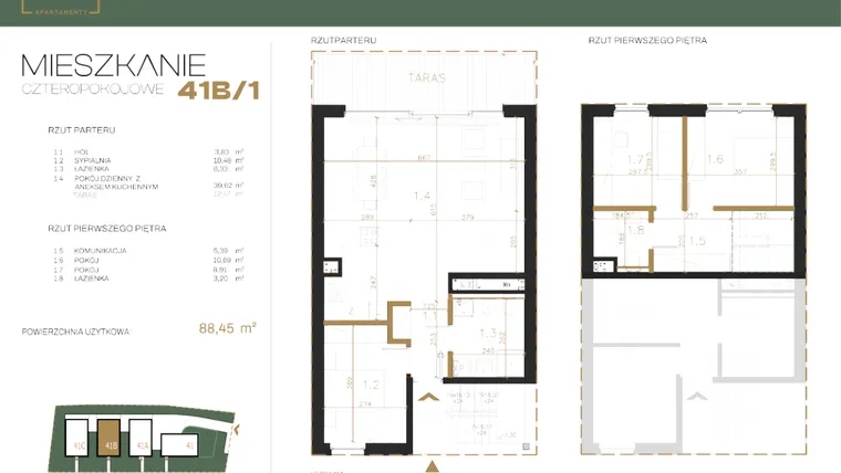 Rzut - Mieszkanie na sprzedaż 4 pokoje o powierzchni 88,43 m² - numer 41B-1 w Emaus 41