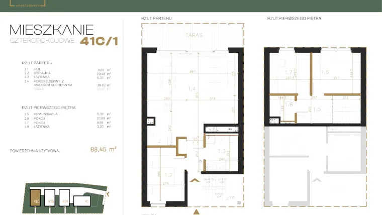 Rzut - Mieszkanie na sprzedaż 4 pokoje o powierzchni 88,41 m² - numer 41C-1 w Emaus 41