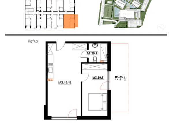 Rzut - Mieszkanie na sprzedaż 1 pokój o powierzchni 47 m² - numer A3.19 w Apartamenty Dźwirzyno