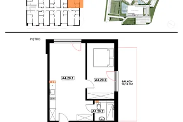 Rzut - Mieszkanie na sprzedaż 1 pokój o powierzchni 46,65 m² - numer A4.20 w Apartamenty Dźwirzyno
