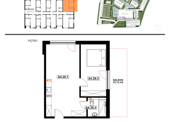 Rzut - Mieszkanie na sprzedaż 1 pokój o powierzchni 46,65 m² - numer A4.20 w Apartamenty Dźwirzyno