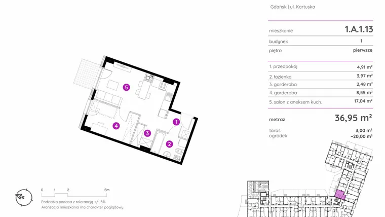 Rzut - Mieszkanie na sprzedaż 1 pokój o powierzchni 36,95 m² - numer 1.A.1.13 w Murapol Scarpa