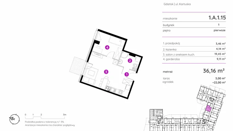 Rzut - Mieszkanie na sprzedaż 1 pokój o powierzchni 36,16 m² - numer 1.A.1.15 w Murapol Scarpa