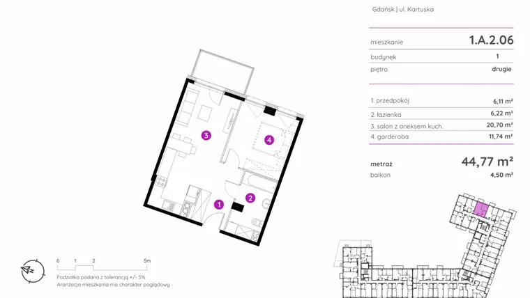 Rzut - Mieszkanie na sprzedaż 1 pokój o powierzchni 44,77 m² - numer 1.A.2.06 w Murapol Scarpa