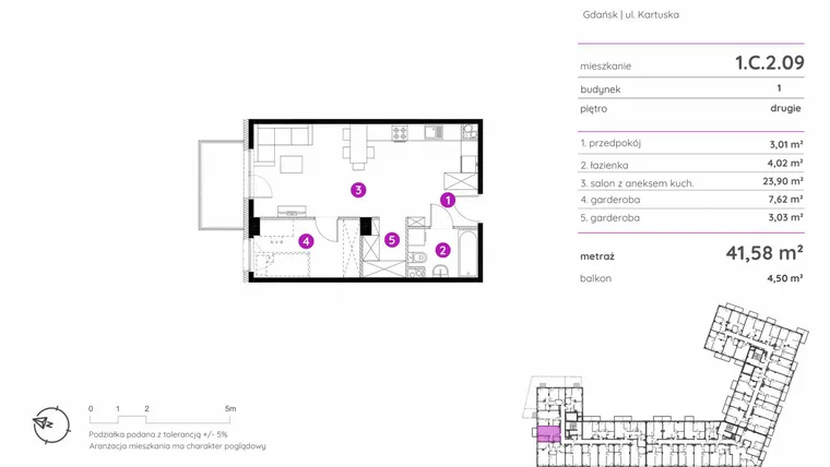 Rzut - Mieszkanie na sprzedaż 1 pokój o powierzchni 41,58 m² - numer 1.C.2.09 w Murapol Scarpa