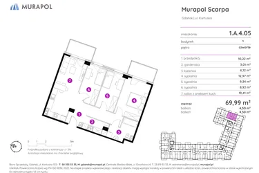 Rzut - Mieszkanie na sprzedaż 4 pokoje o powierzchni 69,97 m² - numer 1.A.4.05 w Murapol Scarpa