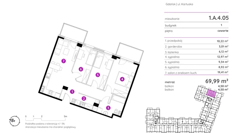 Rzut - Mieszkanie na sprzedaż 4 pokoje o powierzchni 69,97 m² - numer 1.A.4.05 w Murapol Scarpa