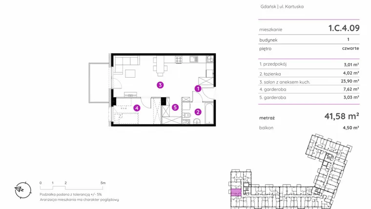 Rzut - Mieszkanie na sprzedaż 1 pokój o powierzchni 41,58 m² - numer 1.C.4.09 w Murapol Scarpa