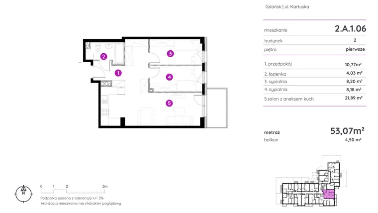 Rzut - Mieszkanie na sprzedaż 3 pokoje o powierzchni 53,07 m² - numer 2.A.1.06 w Murapol Scarpa