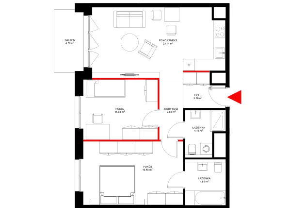 Rzut - Mieszkanie na sprzedaż 3 pokoje o powierzchni 69,45 m² - numer E.5.1 w INSPIRE ETAP IV