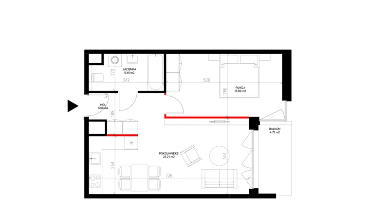 Rzut - Mieszkanie na sprzedaż 2 pokoje o powierzchni 48,66 m² - numer E.6.5 w INSPIRE ETAP IV