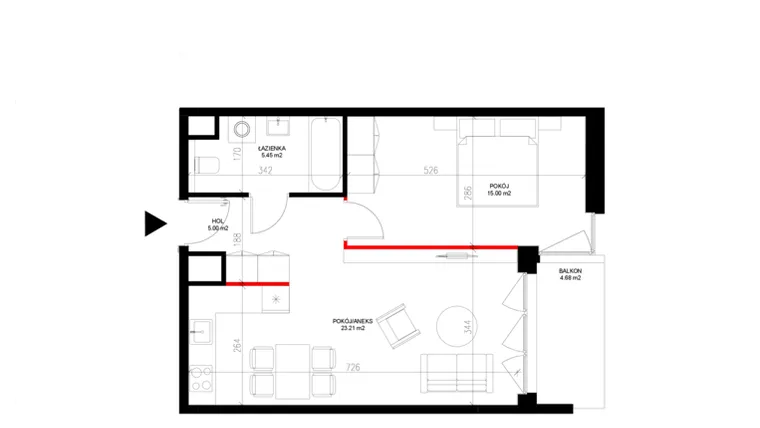 Rzut - Mieszkanie na sprzedaż 2 pokoje o powierzchni 48,66 m² - numer E.7.5 w INSPIRE ETAP IV