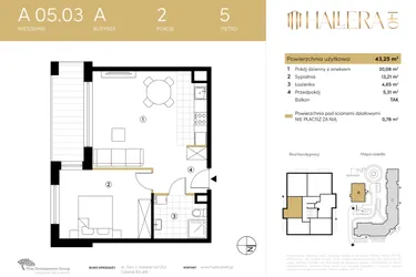 Rzut - Mieszkanie na sprzedaż 2 pokoje o powierzchni 43,23 m² - numer A.05.03 w Hallera 140