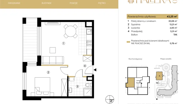 Rzut - Mieszkanie na sprzedaż 2 pokoje o powierzchni 43,23 m² - numer A.05.03 w Hallera 140