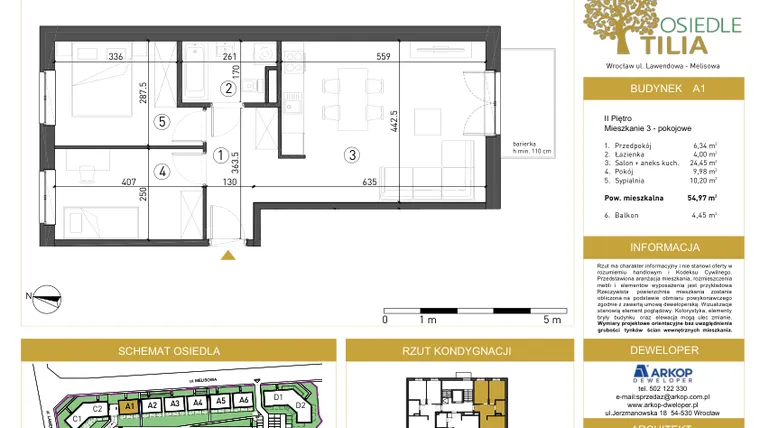 Rzut - Mieszkanie na sprzedaż 3 pokoje o powierzchni 54,71 m² - numer A1/2/7 w Osiedle Tilia