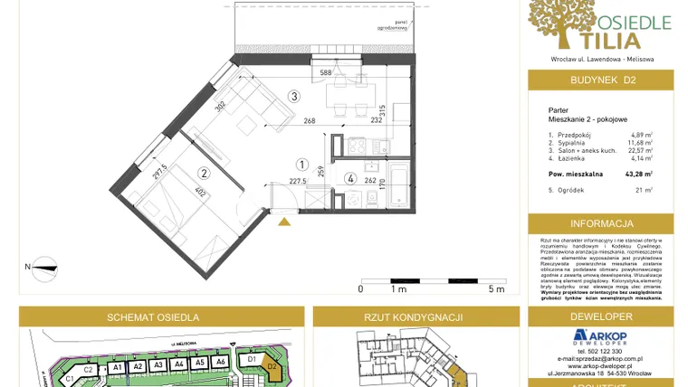 Rzut - Mieszkanie na sprzedaż 2 pokoje o powierzchni 43,28 m² - numer D2/0/1 w Osiedle Tilia