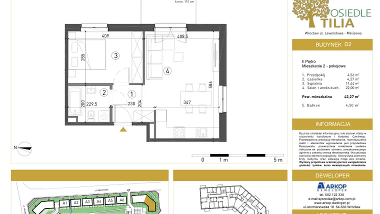 Rzut - Mieszkanie na sprzedaż 2 pokoje o powierzchni 42,2 m² - numer D2/2/12 w Osiedle Tilia
