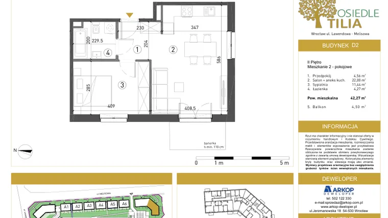 Rzut - Mieszkanie na sprzedaż 2 pokoje o powierzchni 42,23 m² - numer D2/2/13 w Osiedle Tilia