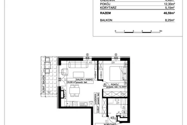 Rzut - Mieszkanie na sprzedaż 2 pokoje o powierzchni 46,59 m² - numer 2 w Ceramika