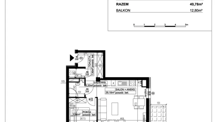 Rzut - Mieszkanie na sprzedaż 2 pokoje o powierzchni 40,78 m² - numer 26A w Ceramika