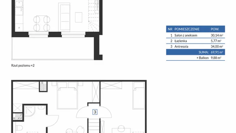 Rzut - Mieszkanie na sprzedaż 2 pokoje o powierzchni 69,91 m² - numer 7D09 w Osiedle Krzeptów VII