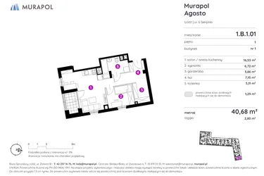 Rzut - Mieszkanie na sprzedaż 2 pokoje o powierzchni 40,65 m² - numer 1.B.1.01 w Murapol Agosto